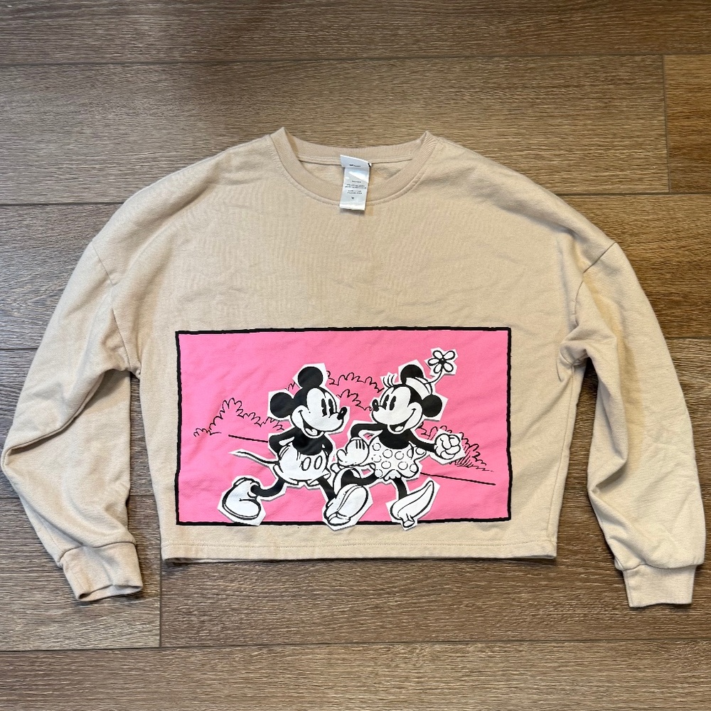 Women's Disney Mickey Mouse Graphic Cropped Oversized Sweatshirt Size M Tan